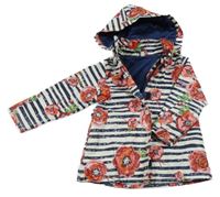 Smetanovo-tmavomodrá pruhovaná nepromokavá jarná parka s kvetinami a kapucňou Tuc Tuc