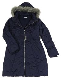 Tmavomodrý šusťákový zimní kabát s páskem a kapucí blu