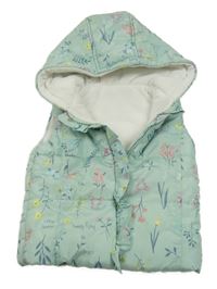 Mintová šušťáková zateplená kvetovaná vesta s kapucňou George