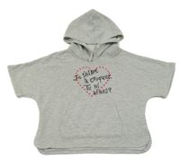 Sivá crop melírovaná mikina s nápismi a kapucňou