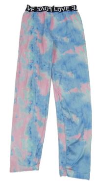 Modro-růžové vzorované sportovní legíny s nápisem v pase 