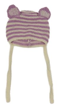 Fialovo-bílá pruhovaná pletená čepice s ušima 