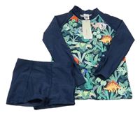 Nové - 2 set - tmavomodro-barevné UV triko s dinosaury + nohavičkové plavky 