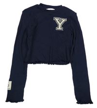 Tmavomodré rebrované crop tričko s písmenem H&M