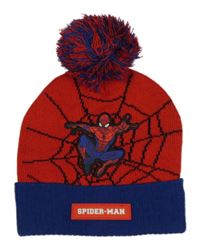 Červeno-modrá pletená čepice se Spidermanem a bambulí 