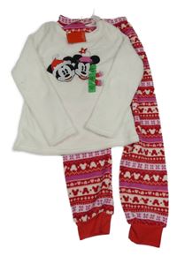 Nové - bílo-červené chlupaté pyžamo s Mickeym a Minnie Primark