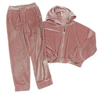 2 set- Růžová sametová propínací crop mikina s kapucí + tepláky River Island