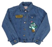 Modrá rifľová crop bunda s kaktusom