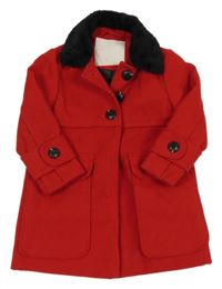 Červeno-čierny flaušový podšitý kabát s kožušinovým golierom Matalan