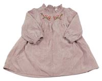 Ružové rebrované zamatové šaty s kvetmi