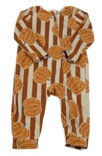 Béžovo-hnědý pruhovaný fleecový overal s dýněmi Tu