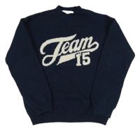 Tmavomodrý vlnený sveter s nápisom H&M