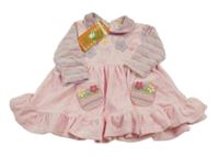 Nové - Světlerůžovo-šedo-lila zamatové šaty s kvetmi a pruhmi