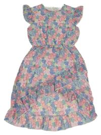 Bielo-modro-farebné šifónové šaty s listami a ananásmi Y.F.K.