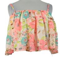 Dámský růžovo-barevný květovaný šifonový crop top Ribbon 