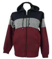 Pánsky tmavomodro-sivo-vínový pruhovaný zateplený prepínaci sveter s kapucňou