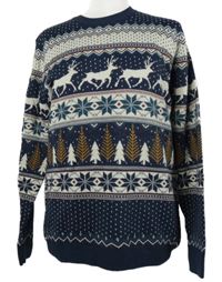 Pánsky tmavomodrý vzorovaný sveter so zimním motívom Next