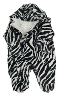 Tmavomodro-biela kožušinová zateplená kombinéza s odepínacími rukavicemi a kapucňou Mothercare
