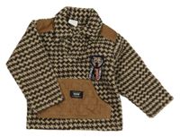 Hnedo-béžová vzorovaná flaušová bunda s nášivkou