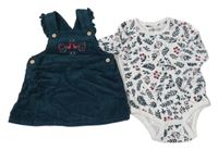 2 Set - Bílo-petrolejové body s větvičkami + Petrolejové manšestrové šaty 