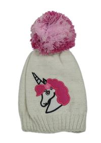 Bílá třpytivá čepice s jednorožcem a bambulí 