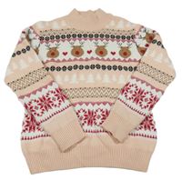 Broskvovo-bílý vzorovaný vlněný svetr se soby a vzorem