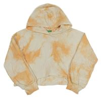 Bielo-oranžová batikovaná crop mikina s kapucňou Benetton