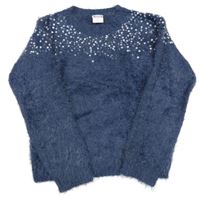 Tmavomodrý chlpatý sveter s flitrami POCOPIANO