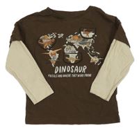 Hnědé triko s dinosaury a béžovými rukávy Tu