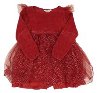 Červené žinylkové šaty s tylovou třpytivou sukní a volánky H&M