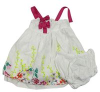 2set - Bílé plátěné šaty s květy + kalhotky 