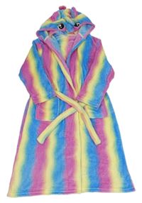 Barevný pruhovaný chlupatý župan s kapucí - jednorožec