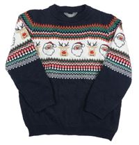Tmavomodro-bílo-barevný vzorovaný svetr se Santou a soby Primark 