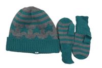 2set - Zeleno-šedá vzorovaná pletená čepice + palcové rukavice