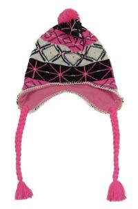 Nové - Černo-růžovo-bílá vzorovaná pletená podšitá ušanka Accossories