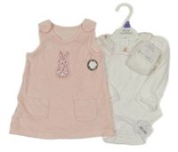 Nové - 3set - Světlerůžové sametové šaty se zajíčkem + bílé body + punčocháče Nutmeg