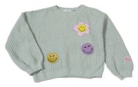 Svetlozelený žinylkový crop sveter s nášivkami H&M