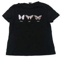 Čierne tričko s motýlikmi a nápismi F&F