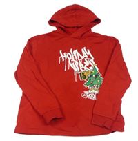 Červená mikina s nápismi a vánočním stromčekom a kapucňou zn. H&M