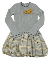 Sivo-okrovo-bielo-tmavosivé kockované vlnené balonové šaty s mašlou a vzorom zn. Miranda