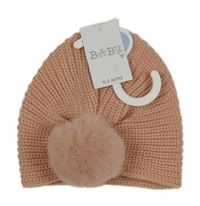 Nové - pudrová žebrovaná pletená turbanová čepice s bambulí Matalan