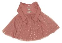 Růžové žebrované šaty s 3D zajíčkem a volánky a tylem se zlatými puntíky Next