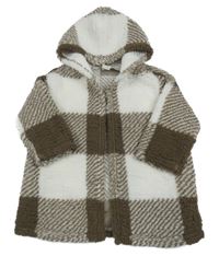 Hnedo-biely kockovaný huňatý cardigan s kapucňou SHEIN