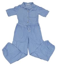 Modrý melírovaný cargo kalhotový overal s límečkem a páskem ZARA