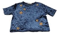 Tmavomodré lesklé zamatové crop tričko so zlatými hviezdičkami H&M
