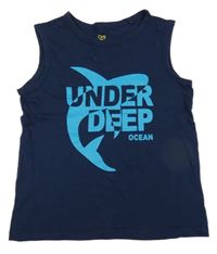 Tmavomodré tielko so žralokom a nápismi OVS