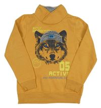 Horčicová melírovaná mikina s husky a číslom a stojačikom Kids