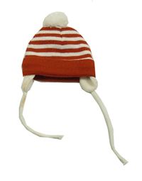 Hnedo-smotanová pruhovaná čapica s brmbolcom