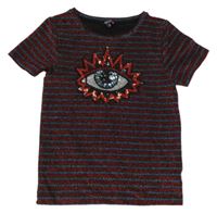 Červeno-modré pruhované trblietavé tričko s okem z flitrů