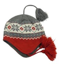 Šedo-červeno-smetanová vzorovaná čepice s třásněmi